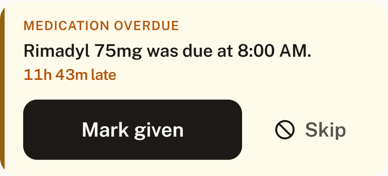 An amber alert card: Rimadyl 75mg was due at 8:00 AM, hours late, with Mark given and Skip actions