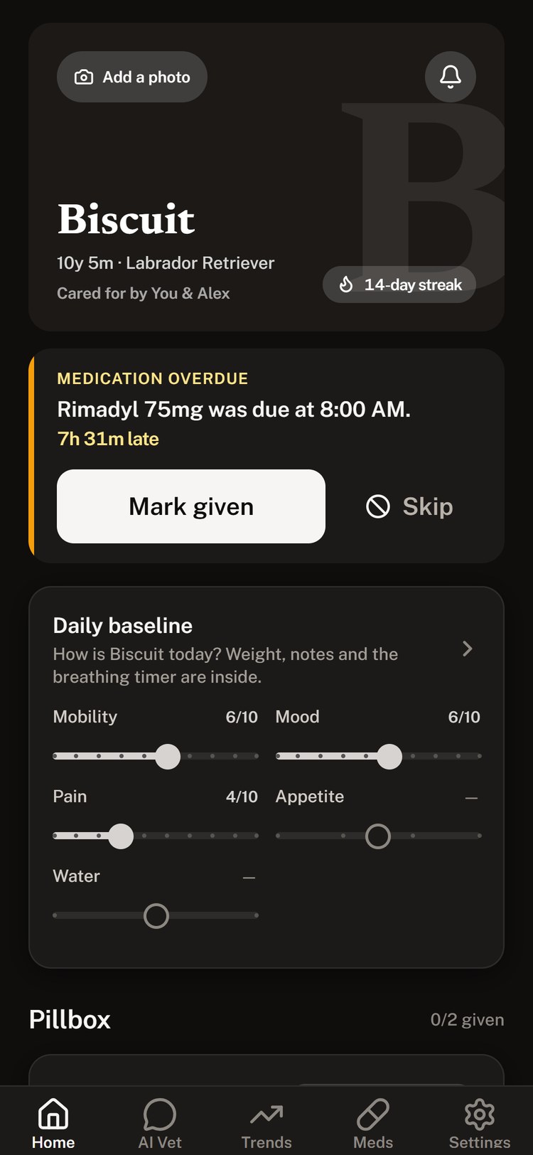 Vetalio's Home screen: the pet's card, an overdue-dose alert, and the daily baseline sliders